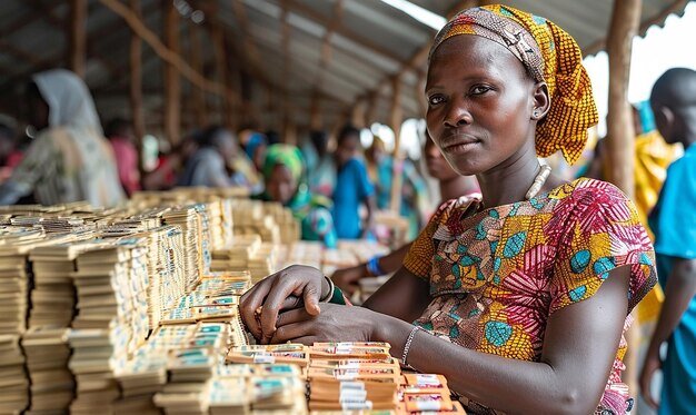 A woman at a market counting stacks of cash savings